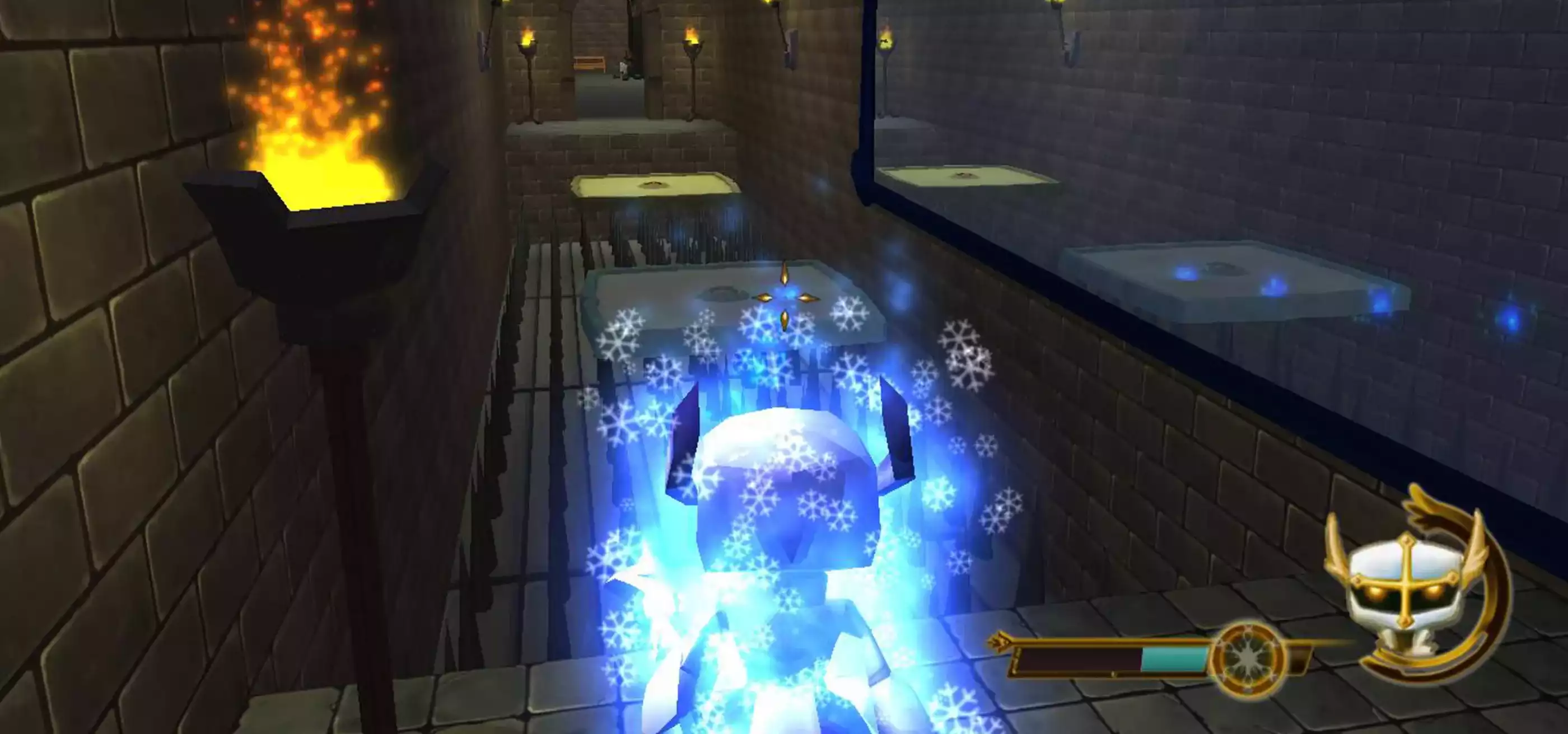 Character seen from behind glowing blue with snowflakes hovering around him, looking across a spike pit