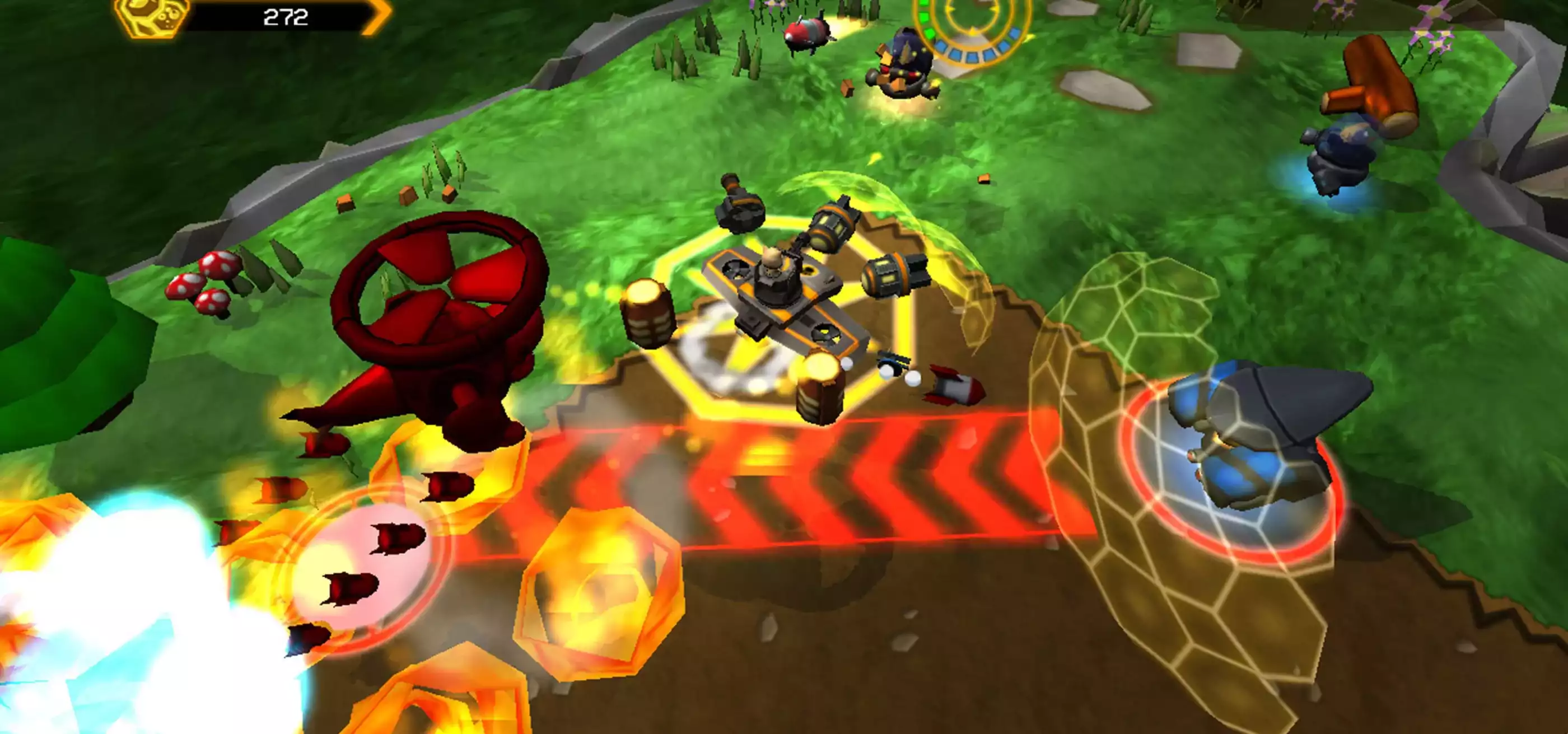 Screenshot of player's cat-piloted hover tank surrounded by enemies and dodging explosions and bombs