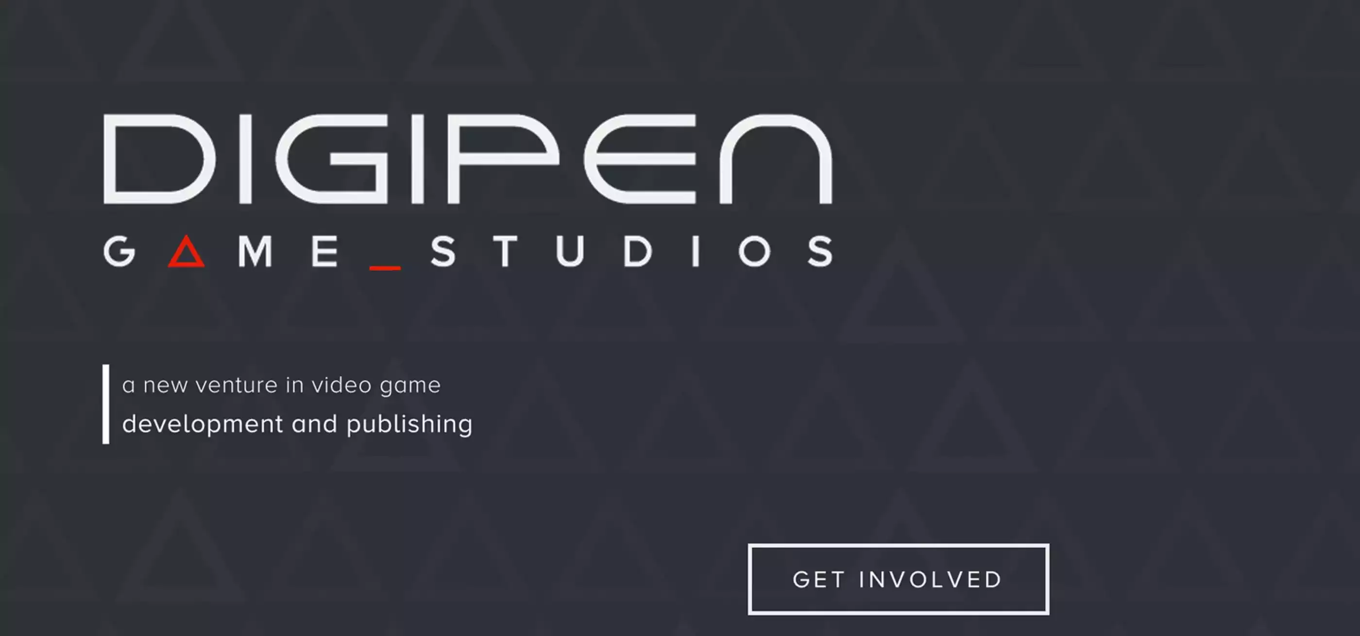 Screenshot of DigiPen Game Studios homepage with logo against a dark gray background with faint triangular outlines